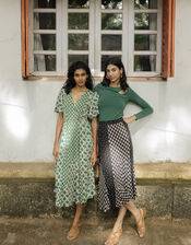 Contrast Geometric Print Wrap Midi Dress, Green (KHAKI), large