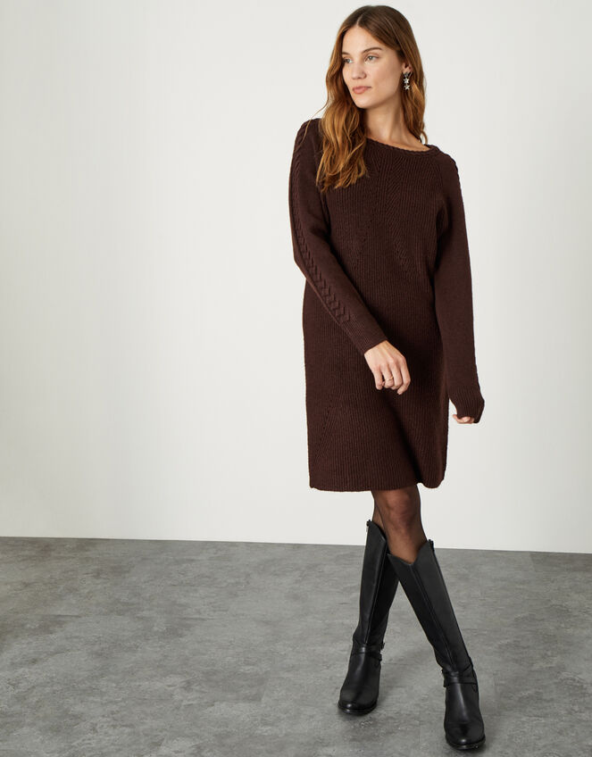 Cosy Cable Crew Neck Knit Dress, Brown (CHOCOLATE), large