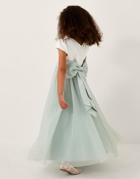 Short Sleeve Satin Tulle Bridesmaid Maxi Dress, Green (SAGE), large