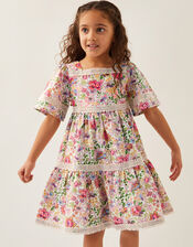 Floral Print Short Sleeve Tiered Dress, Ivory (IVORY), large