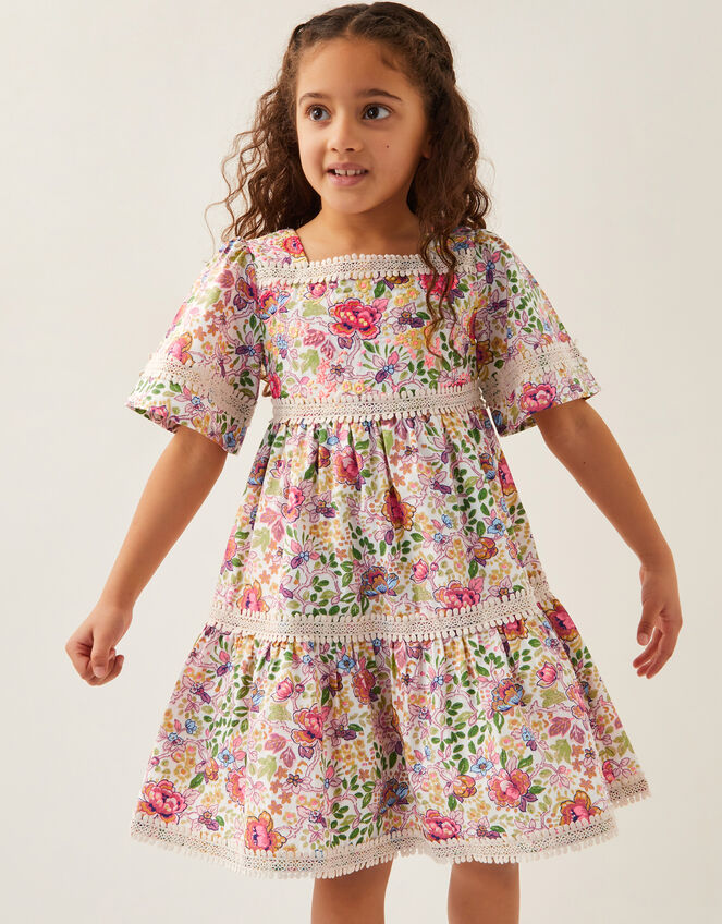 Floral Print Short Sleeve Tiered Dress, Ivory (IVORY), large