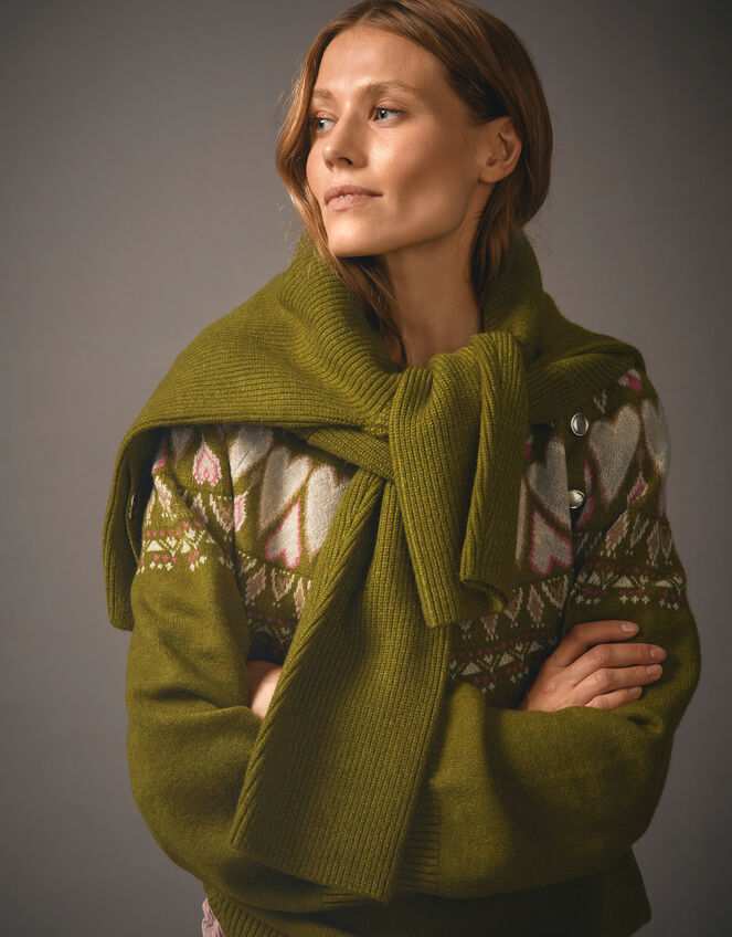 Paula Heart Fair Isle Knit Jumper, Green (OLIVE), large