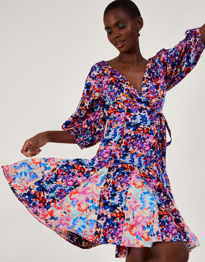 Palmer Print Pleated Dress, Blue (BLUE), large