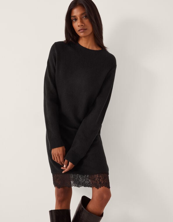 Lou Lace Mini Sweater Dress, Black (BLACK), large