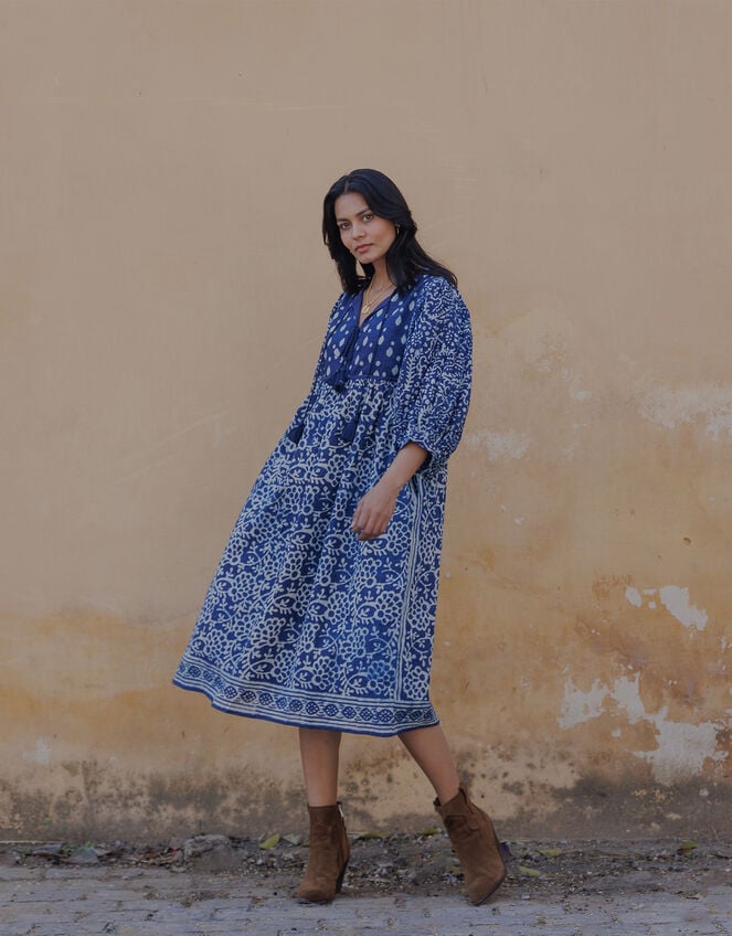 Dilli Grey Paisley Midi Dress, Blue (INDIGO), large