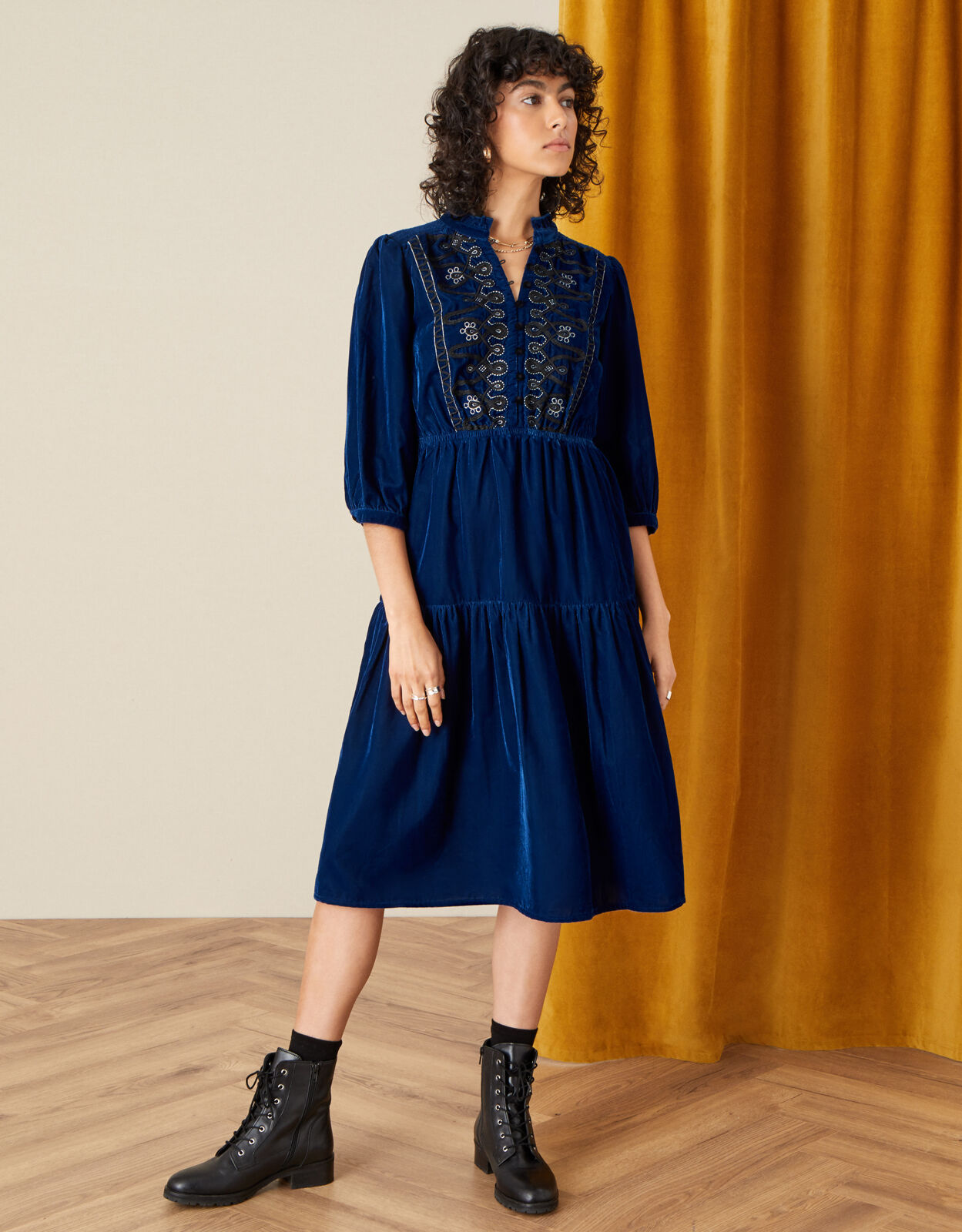 Blue velvet embroidered dress Clearance