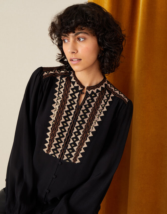Embroidered Long Sleeve Blouse , Black (BLACK), large