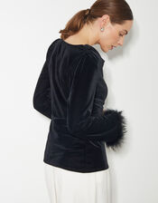 Fay Velvet Feather Sleeve Cowl Top, Black (BLACK), large