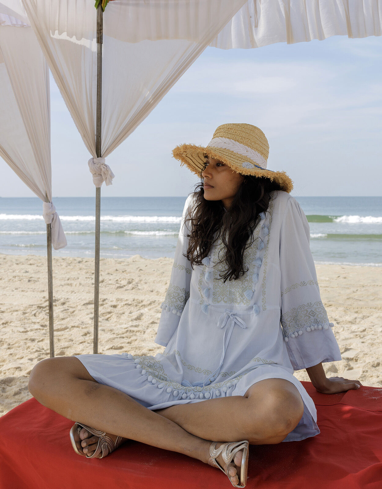 Embroidered Pom Pom Kaftan Dress in LENZING ECOVERO Blue