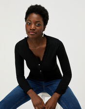 Frilled Knit Cardigan with Faux Pearl Buttons, Black (BLACK), large