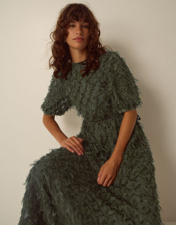 Felicity Short Sleeve Textured Fringe Midi Dress, Green (DARK GREEN), large