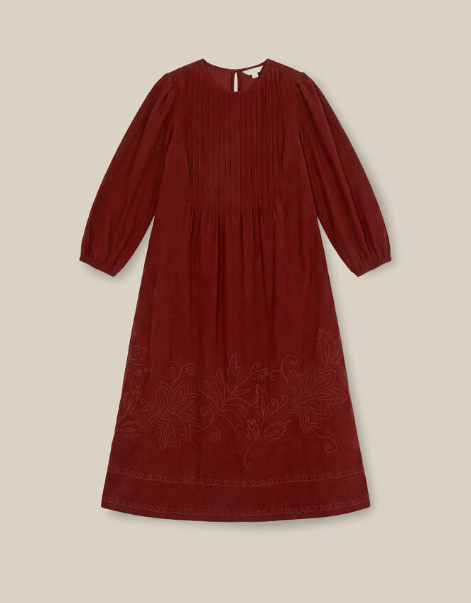 Joyce Embroidered Corduroy Midi Dress, Cognac (COGNAC), large