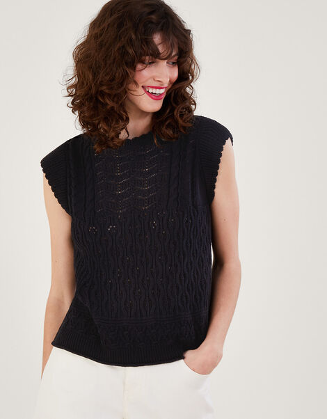 Multi Stitch Pointelle Knitted Vest Black, Black (BLACK), large