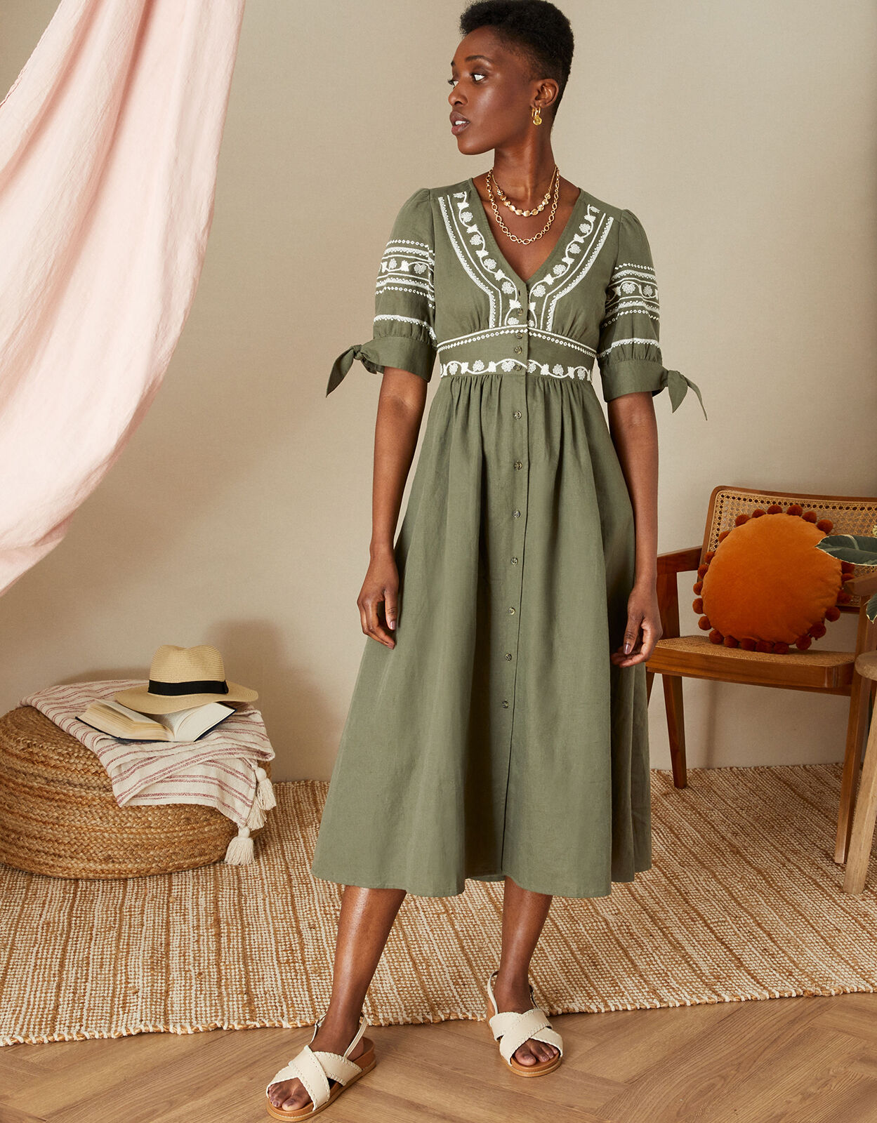 Embroidered linen dress hot sale