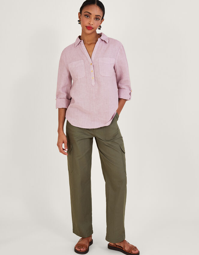 Pocket Detail Collared Linen Shirt , Purple (LILAC), large