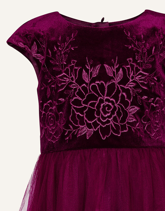 Floral Embroidered Velvet Dress, Red (BURGUNDY), large