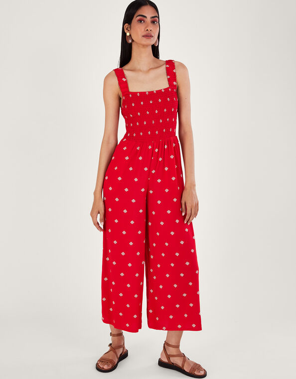Geometric Print Cut-Out Jumpsuit in LENZING™ ECOVERO™, Red (RED), large