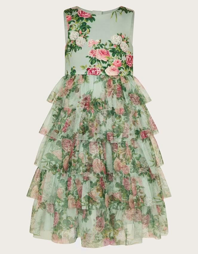 Flora Rose Print Tiered Tulle Dress, Green (GREEN), large