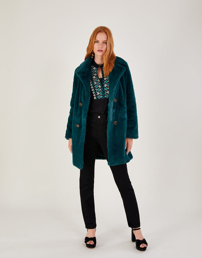 Faith Faux Fur Coat, Teal (TEAL), large