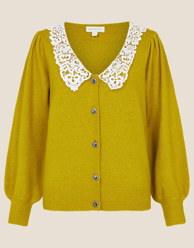 Leila Lace Collar Cardigan, Yellow (OCHRE), large