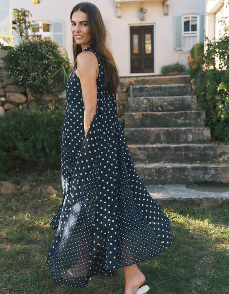 Yaz Sleeveless Polka Dot Midi Dress, Blue (NAVY), large