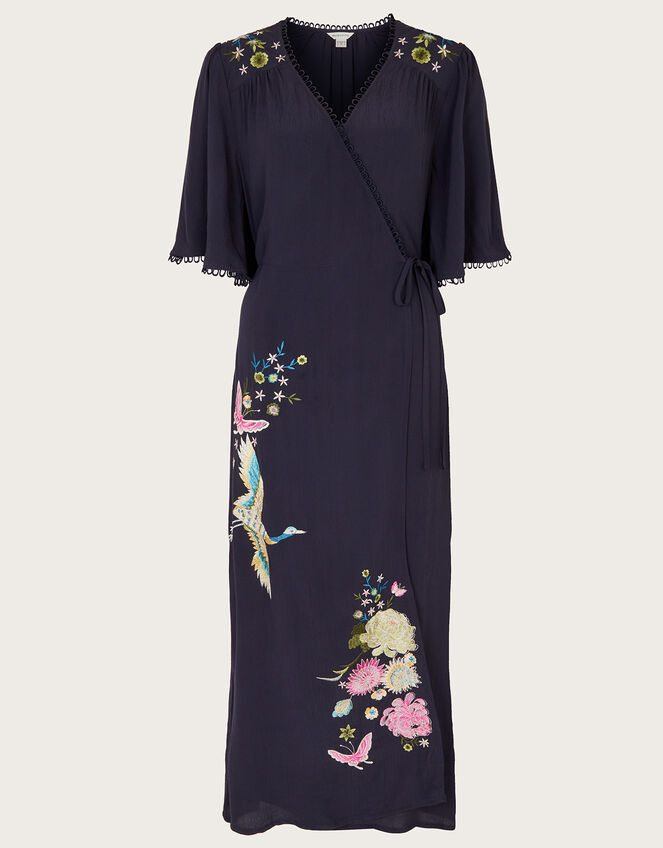Oliyah Embroidered Wrap Midi Dress, Blue (NAVY), large