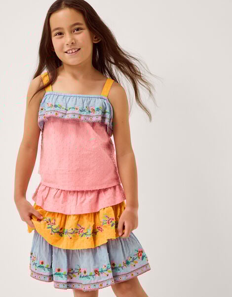 Floral Embroidered Colourblock Top & Skirt Set, Multi (MULTI), large