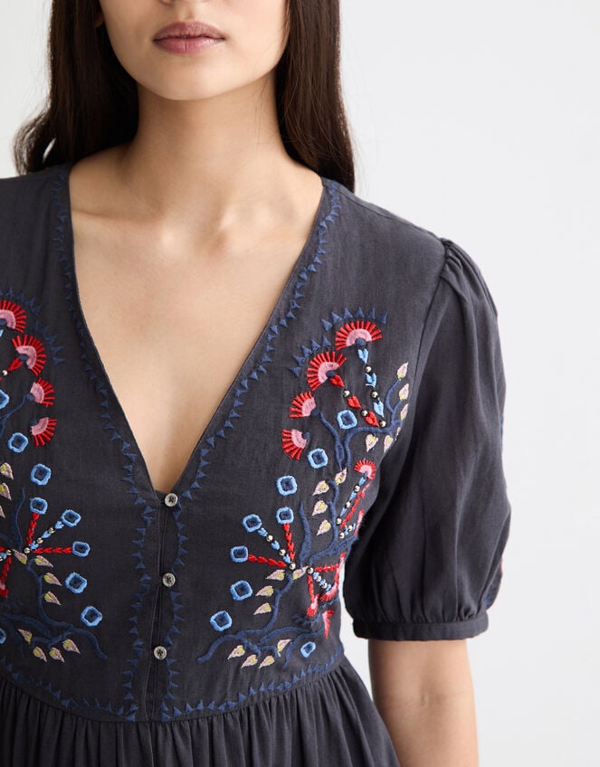 Scotch & Soda Embroidered Short Sleeve Midi Dress, Grey (CHARCOAL), large