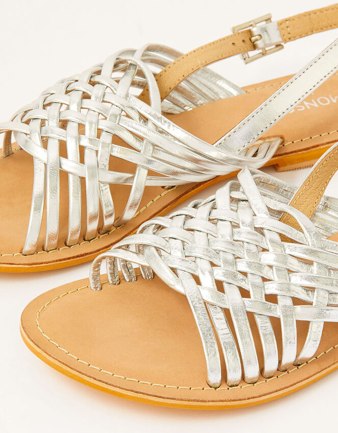 Metallic Weave Leather Sandals, Silver (SILVER), large