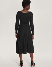 Pleat Trim Slash Neck Midi Dress, Black (BLACK), large