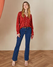 Floral Print Long Sleeve Linen Top, Red (RED), large