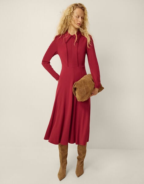 Zoe Pointed Collar Jersey Midi Dress, Red (BURGUNDY), large