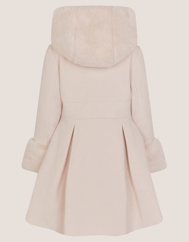 Faux Fur Hood Double Breasted Coat, Cream (CREAM), large
