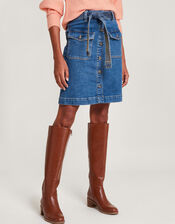 Denim Button Through Belted Skirt, Blue (INDIGO), large