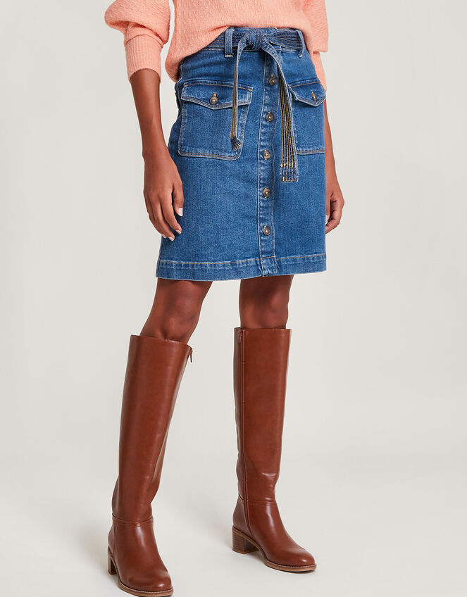 Denim Button Through Belted Skirt, Blue (INDIGO), large