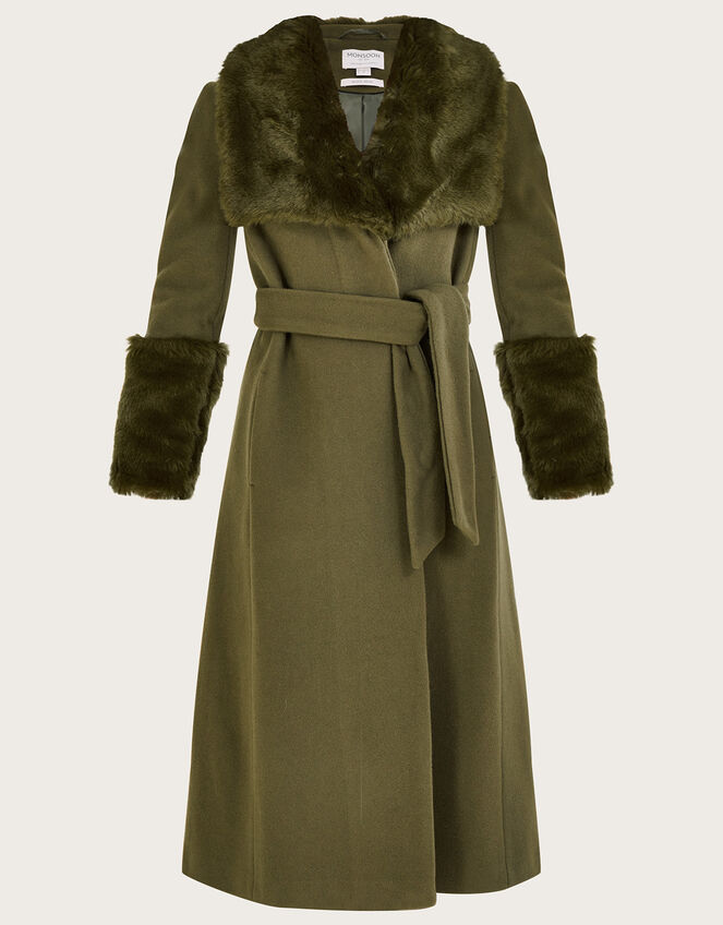 Sadie Faux Fur Trim Wrap Coat Green