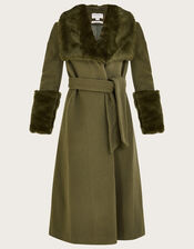 Sadie Faux Fur Trim Wrap Coat, Green (GREEN), large