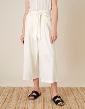 Scallop Crop Trousers in Linen Blend , White (WHITE), large