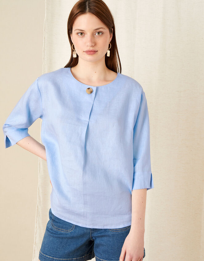 Longline Top in Pure Linen, Blue (BLUE), large