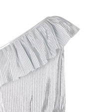 Cassandra One Shoulder Metallic Plisse Jumpsuit, Silver (SILVER), large