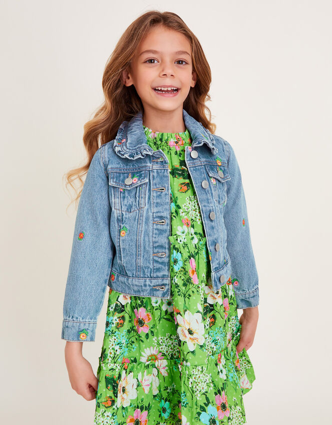 Floral Embroidered Denim Jacket, Blue (BLUE), large