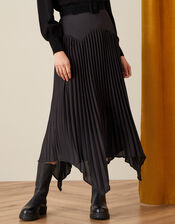 Pleated Handkerchief Hem Midi Skirt, Black (BLACK), large