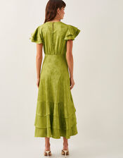 Ester Satin Ruffle Midi Dress, Green (OLIVE), large