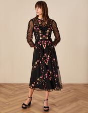 Marcia Embroidered Midi Dress, Black (BLACK), large