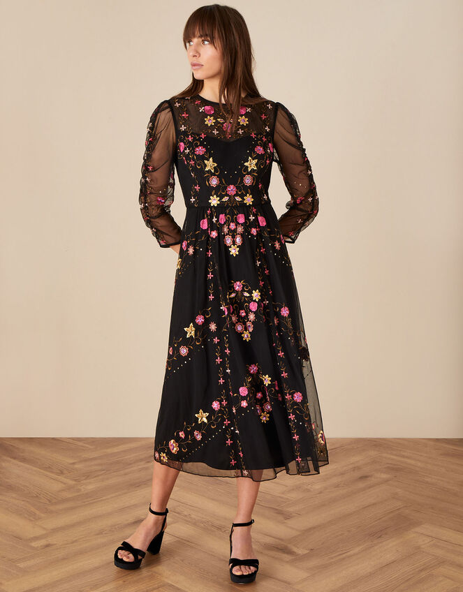 Marcia Embroidered Midi Dress, Black (BLACK), large