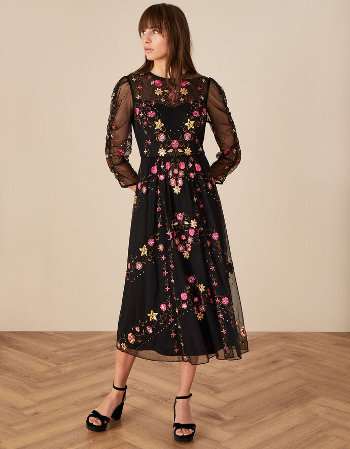Marcia Embroidered Midi Dress Black