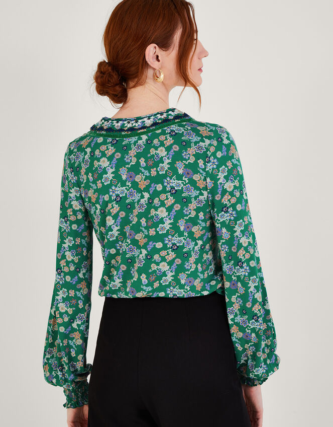 Ditsy Embellished Shirred Jersey Top, Green (GREEN), large