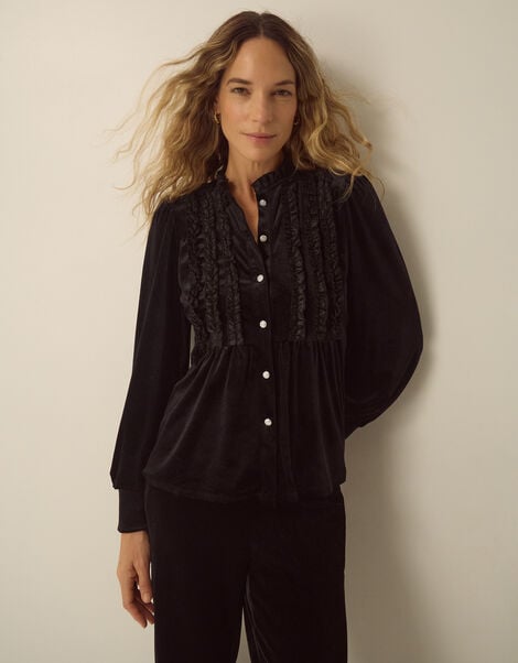 Ruby Long Sleeve Ruffle Velvet Top, Black (BLACK), large