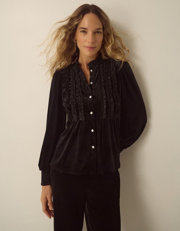Ruby Long Sleeve Ruffle Velvet Top, Black (BLACK), large