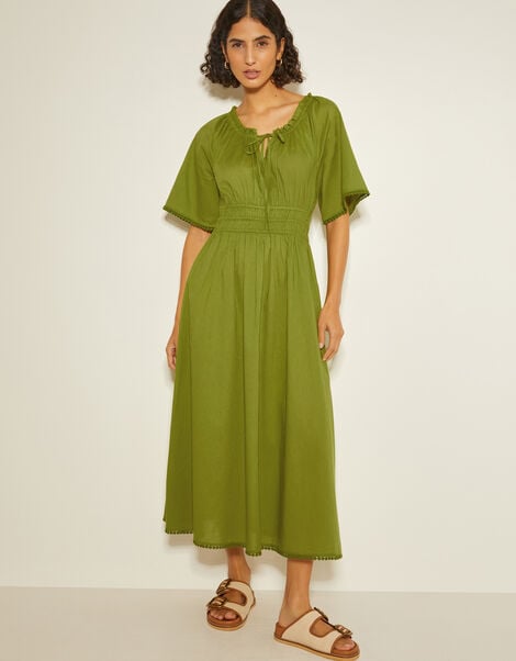 Nora Short Sleeve Cotton Midi Dress, Green (GREEN), large